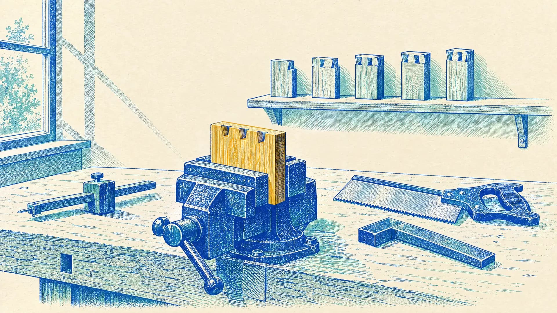 Illustration of an apprentice’s workbench with a saffron practice piece, its dovetail half cut, clamped in a vice beside a saw, a square and a marking gauge, and a shelf behind with five earlier practice joints that get better from left to right