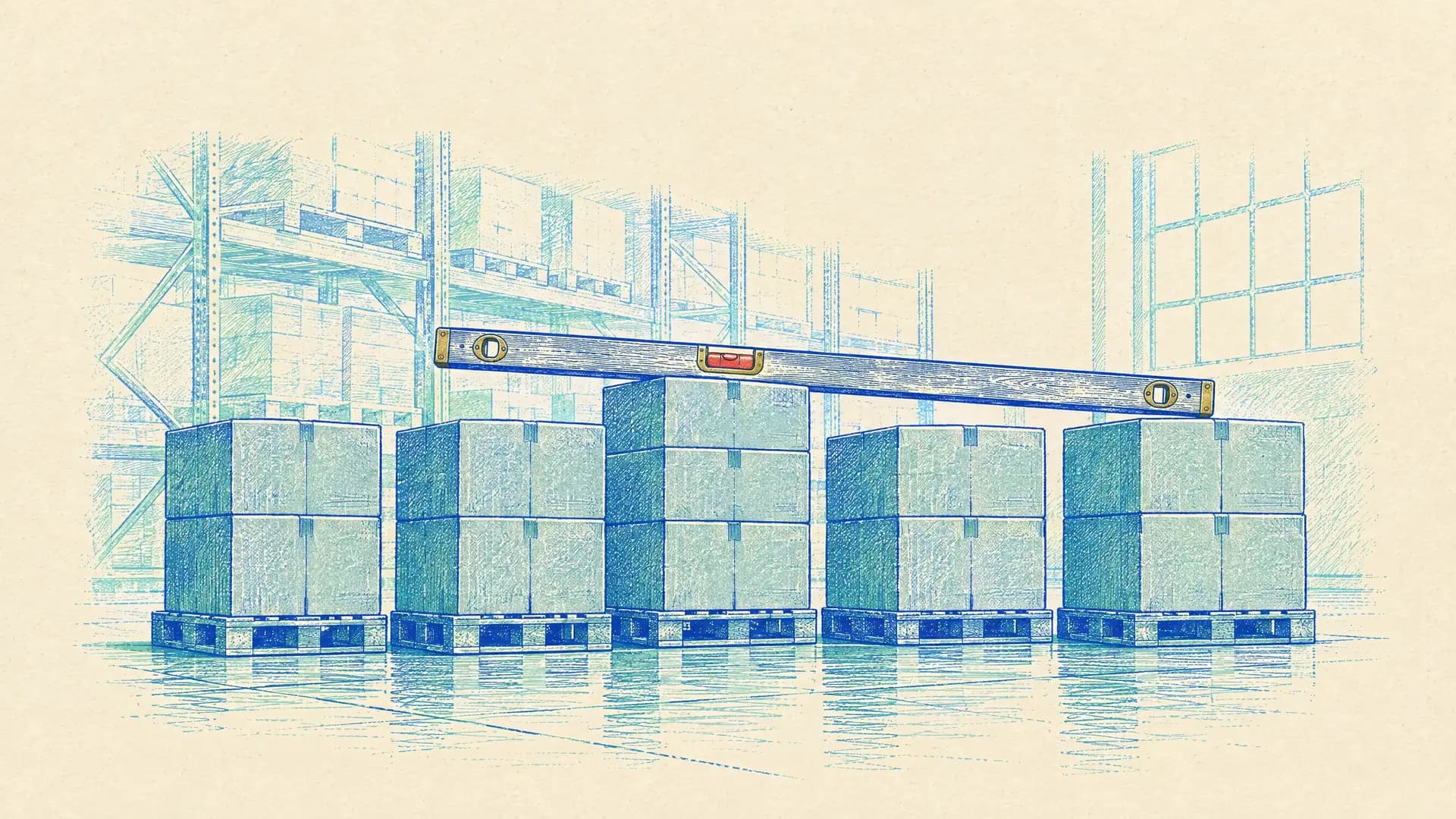 Illustration of a warehouse bay with five pallet stacks of plain cartons in a row, a long spirit level resting across their tops and tilting over the one stack that is a carton taller, its red bubble off-centre, racking and a tall window behind