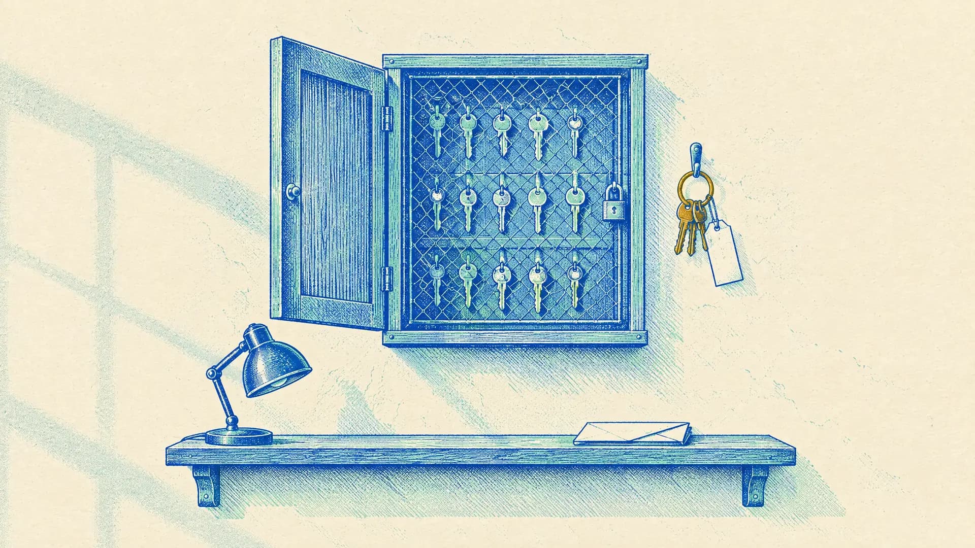 Illustration of an open wooden key cabinet on an office wall, its keys locked behind a wire grille with a padlock, and one ochre ring of three keys with a blank tag hanging on its own hook outside, above a shelf with a desk lamp and a folded letter