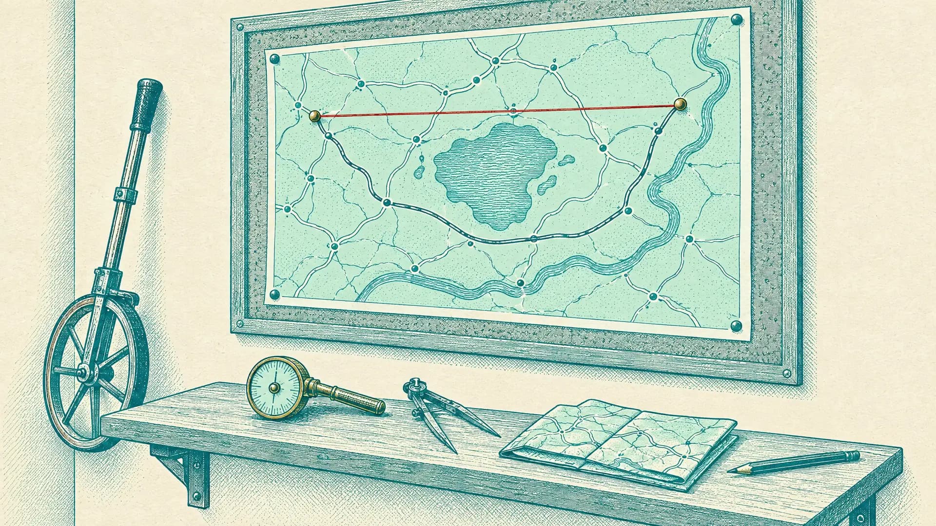 Illustration of a 1950s transport office wall with a road map pinned to a cork board, a brick-red string stretched straight between two brass pins while the drawn road between them loops around a lake, and a plank shelf below with a surveyor’s measuring wheel, a brass map-measuring wheel, a pair of dividers, a folded map and a pencil