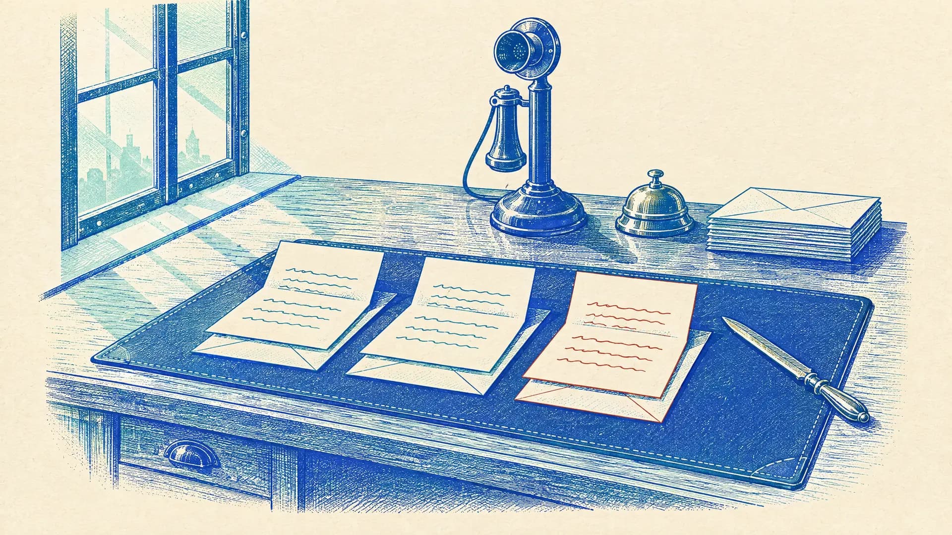 Illustration of a 1950s customer service desk: three opened letters lie side by side on a leather blotter, two in blue and the third in red, with a letter opener, a candlestick telephone, a desk bell and a stack of unopened envelopes, morning light from a window on the left