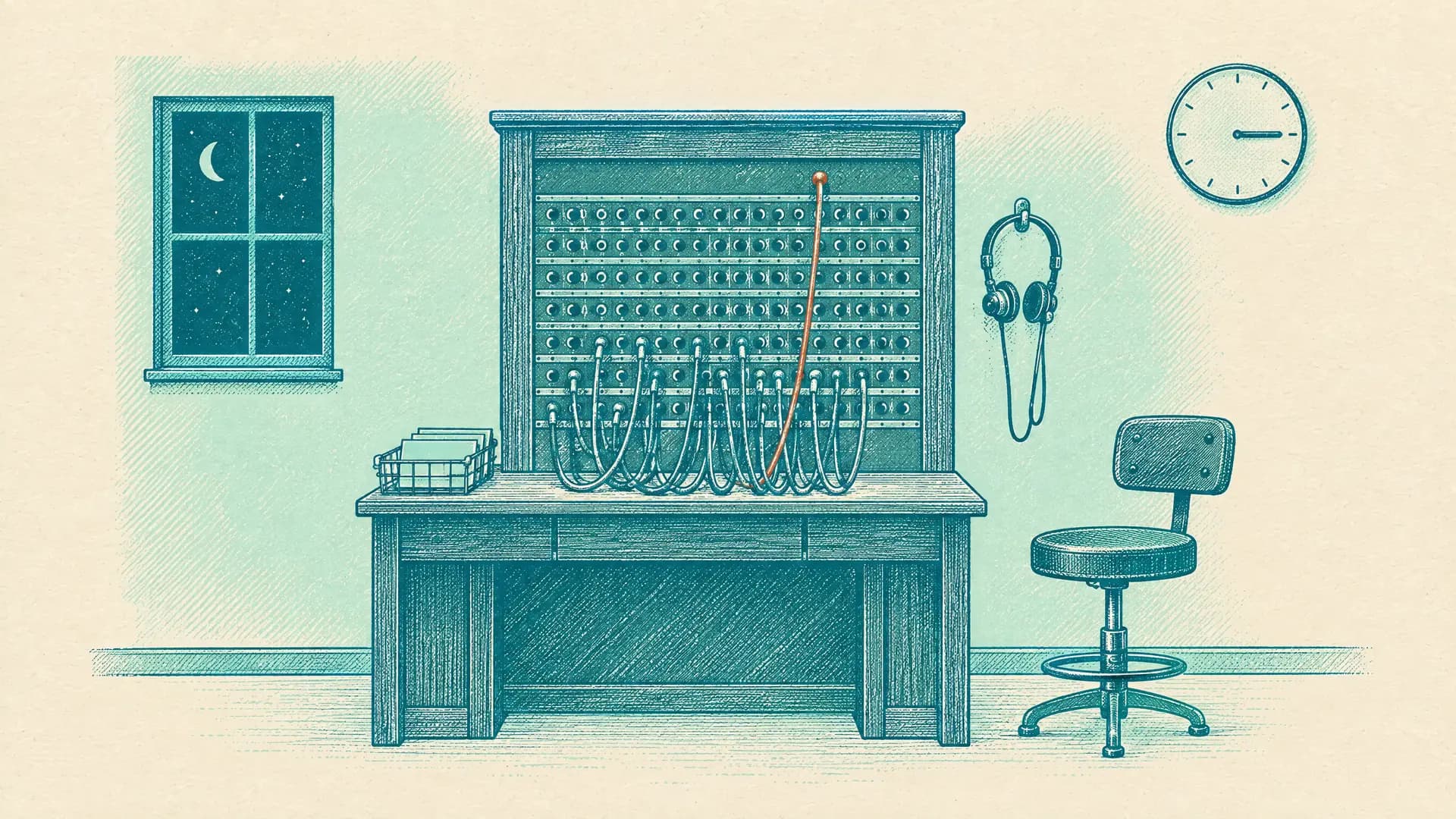 Illustration of a 1950s telephone switchboard at night, a panel of jacks with a dozen patch cords looping to the desk and one terracotta cord running up to a jack on its own, a headset on a hook beside an empty stool, a wire tray of cards, a wall clock at three and a window with a crescent moon