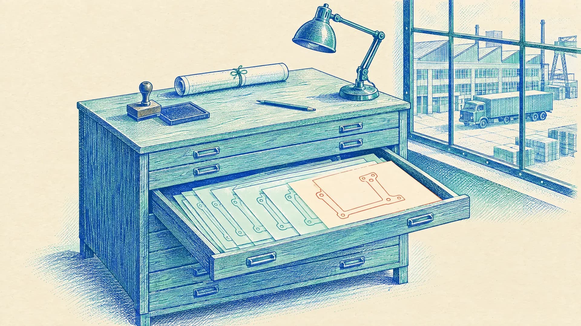 Illustration of a low oak plan chest in a drawing office, one wide drawer pulled out to show a fanned stack of near-identical drawings of the same bracket plate with the newest sheet in terracotta on top, a rubber stamp, ink pad, pencil and rolled drawing on the chest under a desk lamp, and a tall window onto a factory yard with a lorry