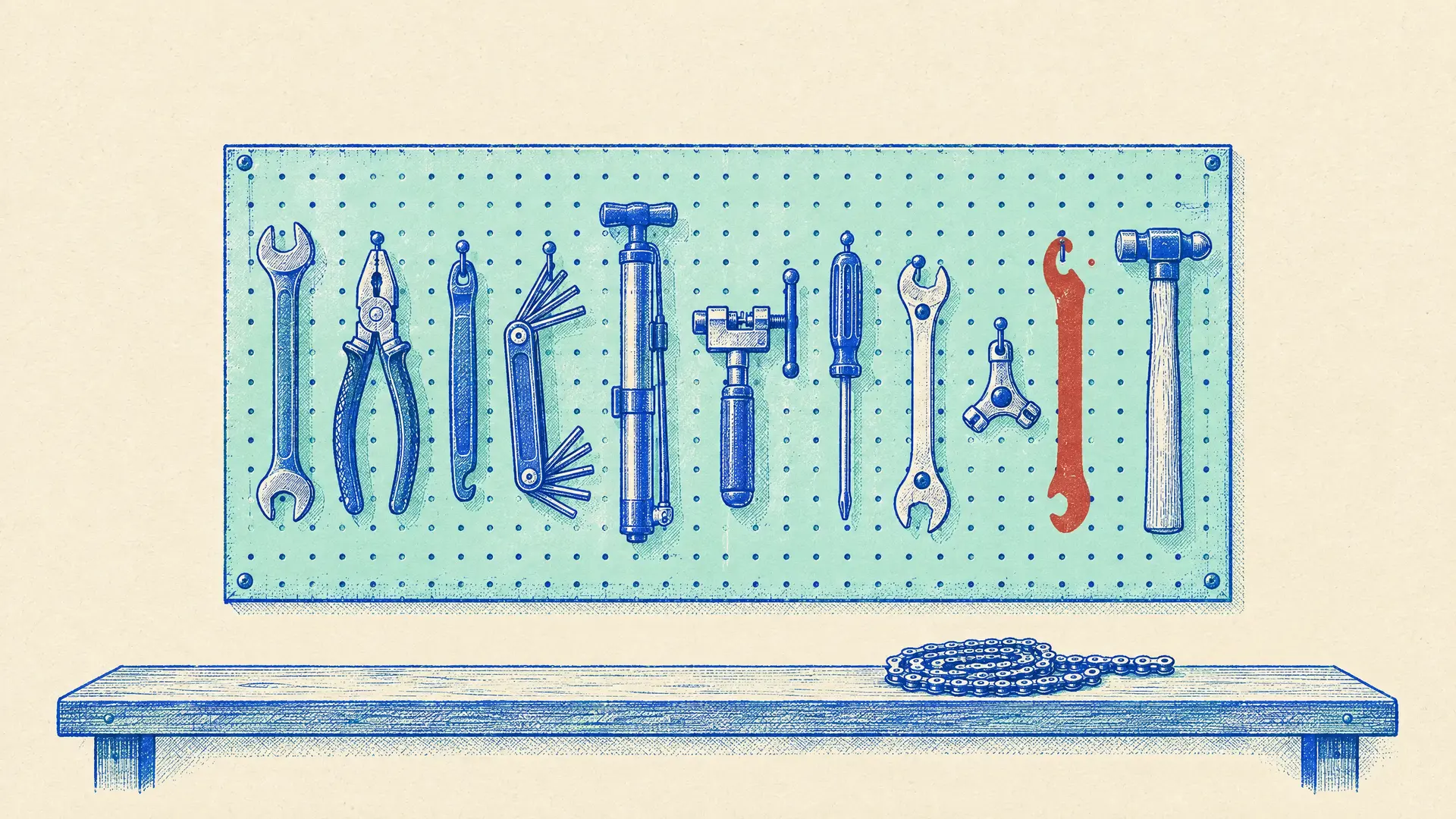 Illustration in front view of a mint workshop pegboard holding a row of bicycle hand tools, one printed in brick red, above a workbench with a coiled chain