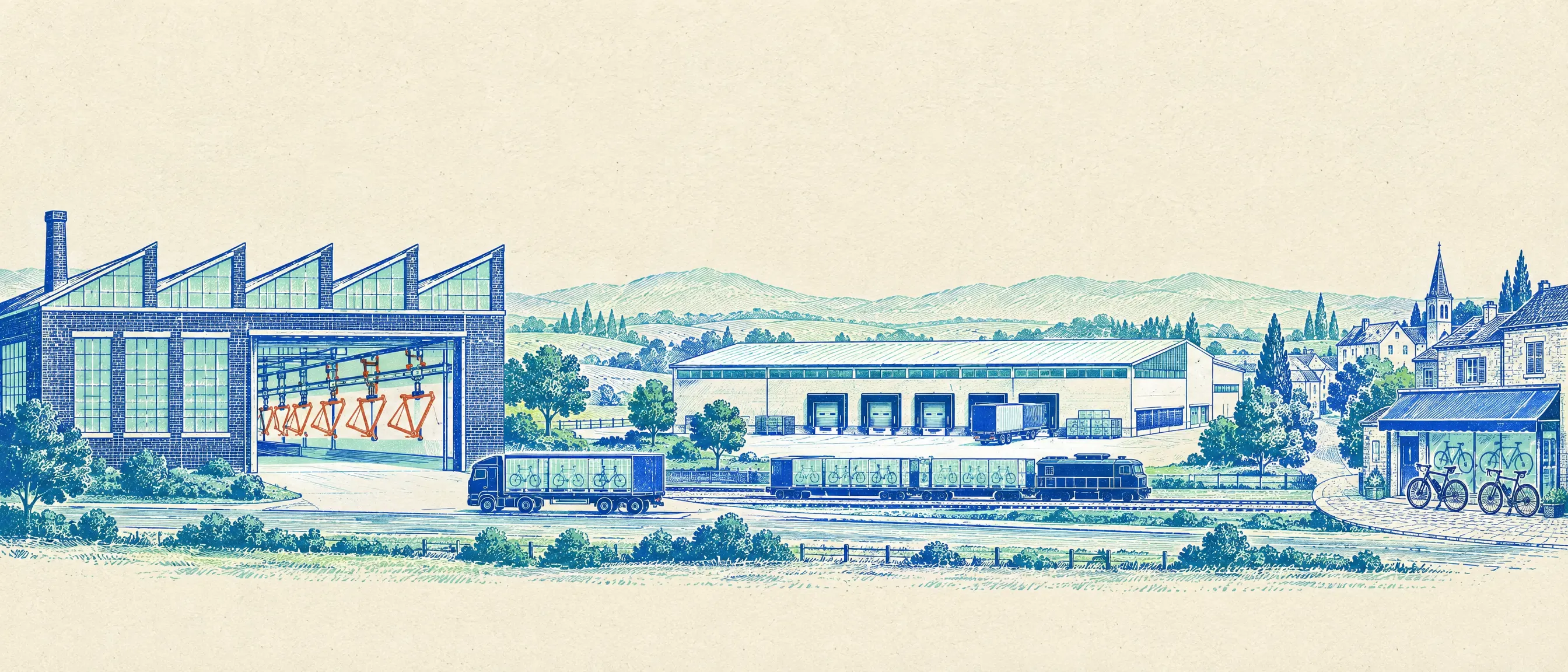 Illustration of a bicycle supply chain as one landscape: a factory with freshly painted frames on an overhead line, a lorry and a freight train carrying boxed bicycles, a distribution centre with loading docks, and a bike shop in a small town